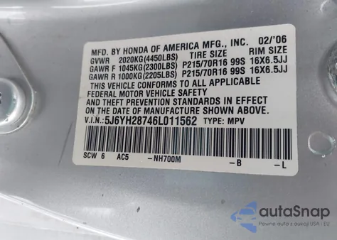 2006 Honda Element Ex-P из США, поврежденный, VIN 5J6YH28746L011562